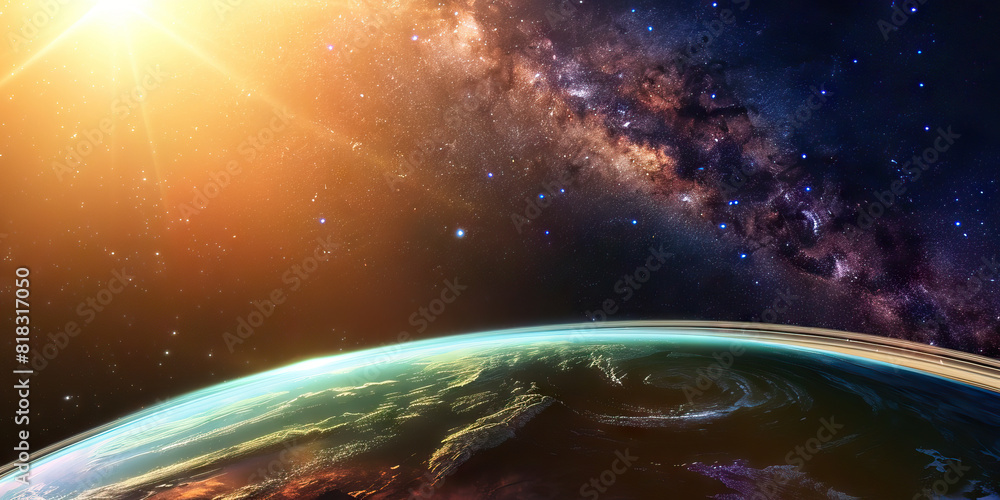 Obraz premium Galactic Symphony: Milky Way Over Vivid Planet and Luminous Rings