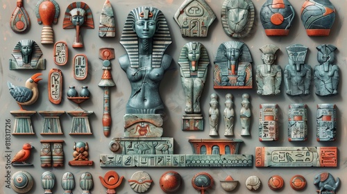 Cartoon Egyptian elements. Ancient Egyptian statues and mythology objects, birds scarabs, jackals, gods, sphinxes, and pharaohs. photo