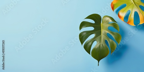 portrait of philodendron leaves on a blank background for summer. Tropical leaves monstera and philodendron on pink color background minimal summer. copy space