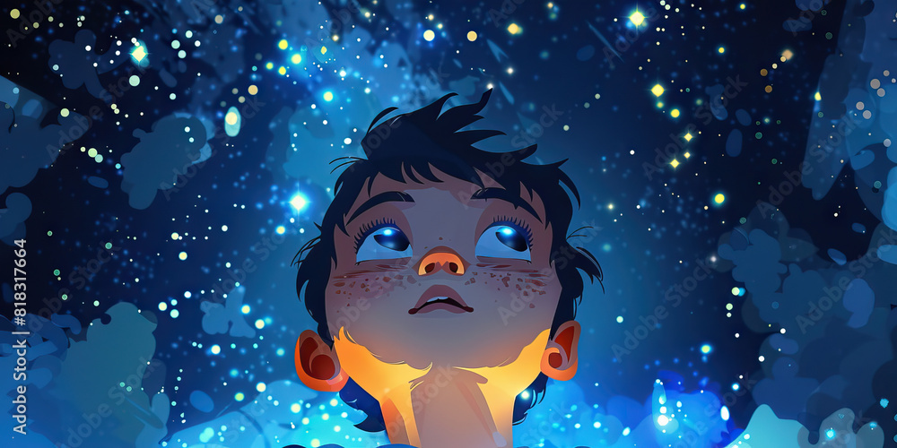 A starry-eyed explorer stares up at the night sky, their imagination filled with the twinkling lights of distant stars A starry-eyed explorer stares up at the night sky, their imagination filled with the twinkling lights of distant stars