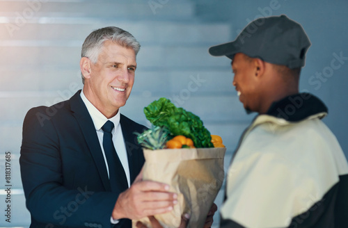 Smile  happy customer and delivery man at door with groceries for online shopping bag  home and distribution. Supermarket service  food package and courier with sale of fresh vegetables at house.