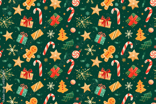 Wallpaper Mural Seamless pattern of Christmas-themed elements on a green background Torontodigital.ca