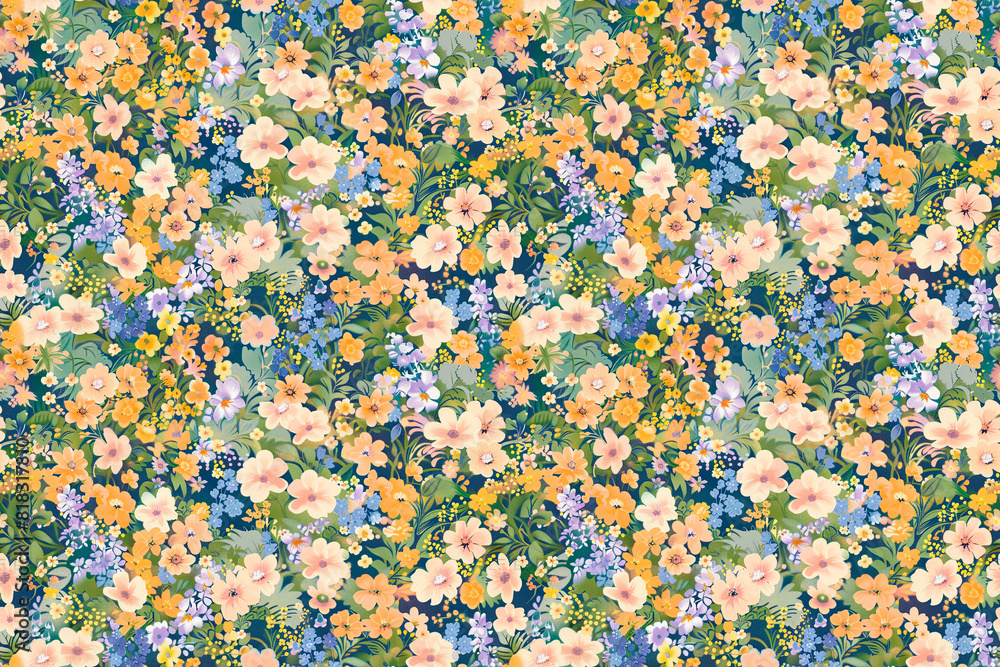 Seamless pattern of various colorful flowers and leaves