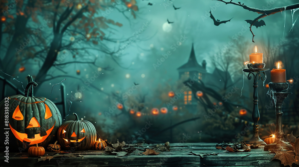 carved pumpkins with an evil face, bats and a gloomy castle in the dark on Halloween night, watercolor pumpkin, castle, bats on a dark gloomy background, Halloween banner with space for text