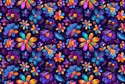 seamless pattern of neon flowers on dark background