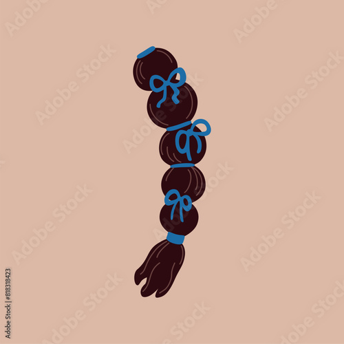Blue ribbon and scrunchies with bow for hairstyles. Hair braiding. Brown braid. Hairdo decor.