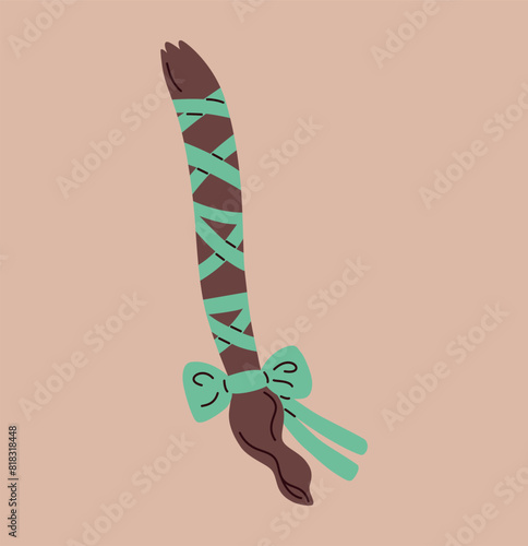 Green ribbon with bow for hairstyles. Hair braiding. Brown braid. Hairdo decor.