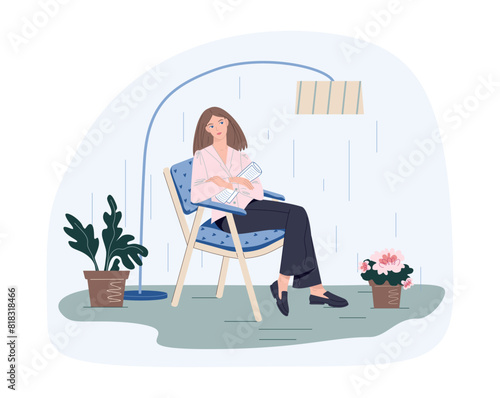 Girl resting and reading newspaper at home. Vector illustration.
