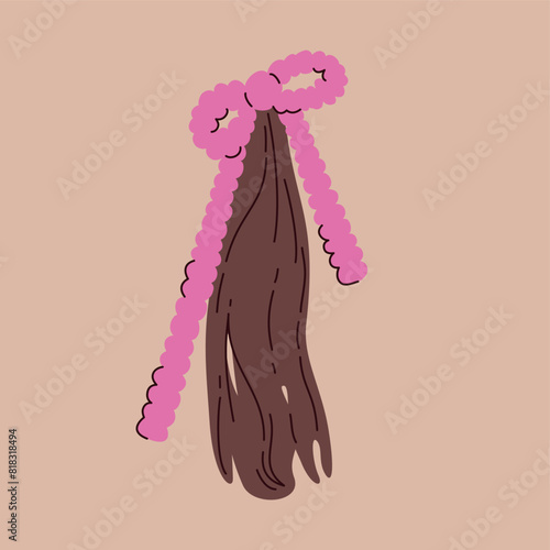 Ponytail with pink ribbon bow. Cute trendy hairstyles. Cartoon vector illustration.