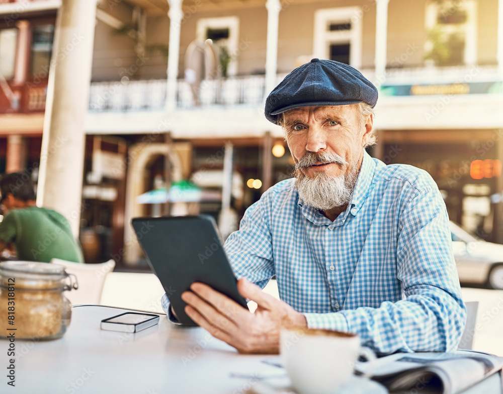 Cafe, portrait and senior man with tablet in city for website, search and digital news in morning. Smile, person and communication with tech at coffee shop for online, media and review of restaurant Cafe, portrait and senior man with tablet in city for website, search and digital news in morning. Smile, person and communication with tech at coffee shop for online, media and review of restaurant