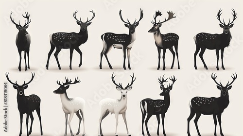 Black silhouettes of deer animals. Species of herbivorous hoofed spotted forest animals elegant nature symbol free modern illustrations isolated on white.