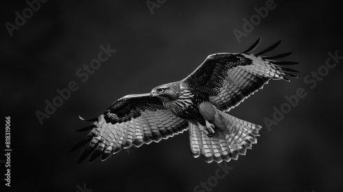 Hawk flying. Black white nature .Dark sky background.Long legged Buzzard / Buteo rufinus