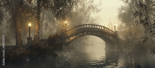 Tranquil Night Classic Stone Bridge Shines with Lantern Glow and Misty River in SepiaToned