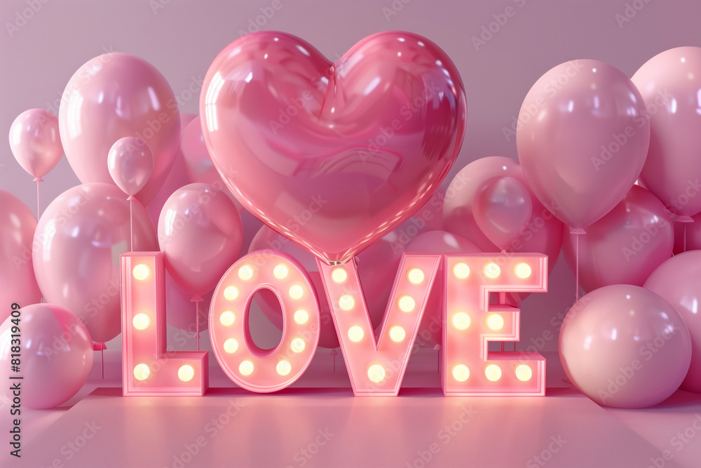 Bright Pink Love Letters with Heart and Round Balloons for a Romantic Atmosphere Bright Pink Love Letters with Heart and Round Balloons for a Romantic Atmosphere