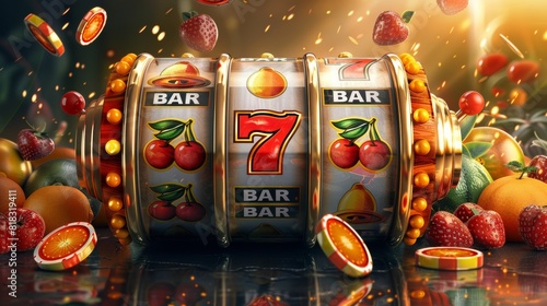 Modern illustration to represent casino slot machine spin machine screen interface, game lightning fruit icons on background, gambling bar symbol cartoon neoteric modern illustration. © DZMITRY