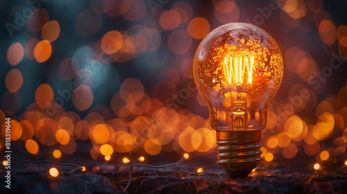 A single Edison-style light bulb glows warmly against a bokeh light background, symbolizing ideas and inspiration.