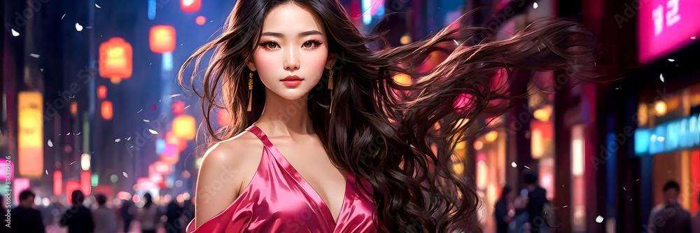 Beautiful and sophisticated young Chinese woman in a night urban setting, with a vibrant city backdrop illuminated by colorful neon lights Beautiful and sophisticated young Chinese woman in a night urban setting, with a vibrant city backdrop illuminated by colorful neon lights