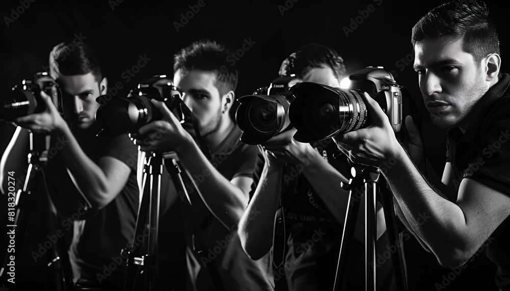 Obraz premium Group of photographers with cameras on black background. Paparazzi