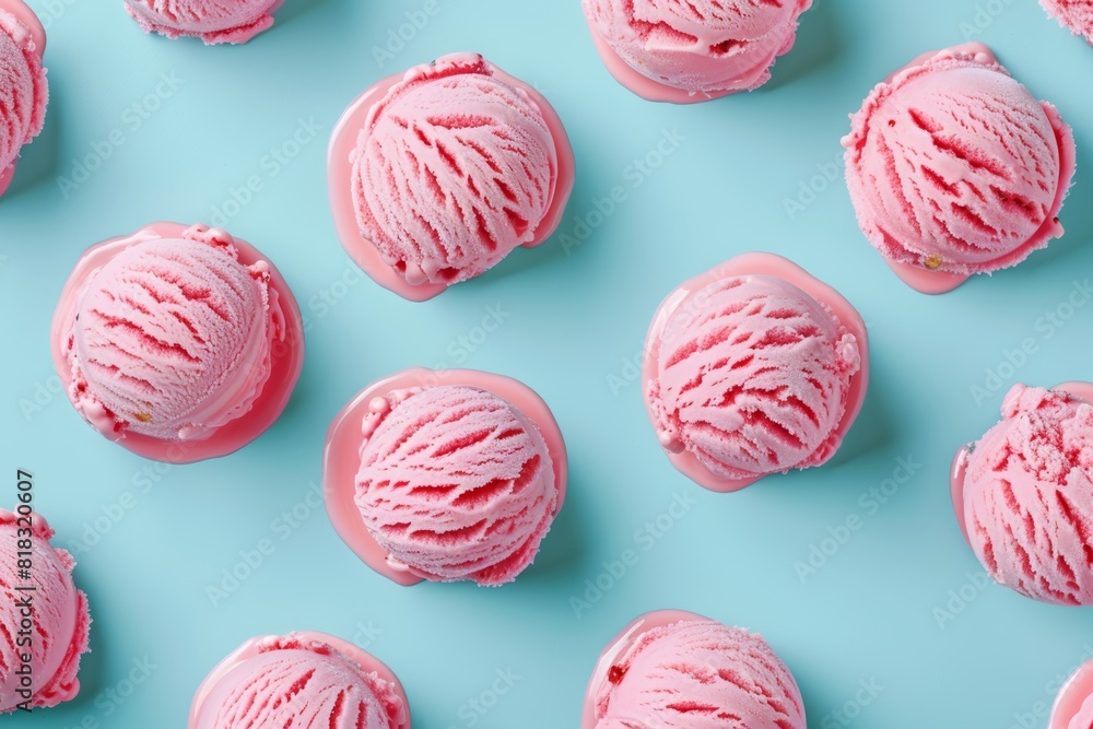 Photo of a pattern made from pink ice cream on a blue background, top view. freshness and diversity of summer frozen treats. Photo of a pattern made from pink ice cream on a blue background, top view. freshness and diversity of summer frozen treats.
