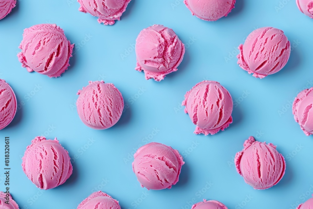 Obraz premium Photo of a pattern made from pink ice cream on a blue background, top view. freshness and diversity of summer frozen treats.