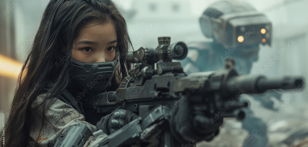 Urban Combat: Teenage Asian Girl with Long Hair and Mask Aiming from a Sniper Rifle with Robot Companion in the Background Urban Combat: Teenage Asian Girl with Long Hair and Mask Aiming from a Sniper Rifle with Robot Companion in the Background