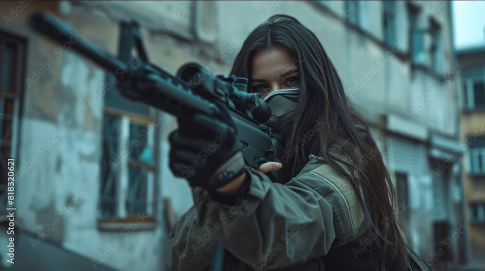 Fototapeta premium Urban Combat: Young Woman with Half-Mask, and Long Hair Aiming from a Rifle with Optical Sight in the Street