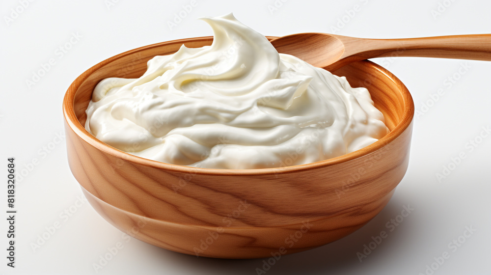 White creamy yogurt in wooden bowl on white background White creamy yogurt in wooden bowl on white background