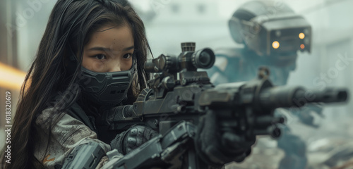 Urban Combat: Teenage Asian Girl with Long Hair and Mask Aiming from a Sniper Rifle with Robot Companion in the Background