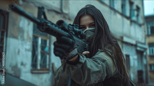Urban Combat: Young Woman with Half-Mask, and Long Hair Aiming from a Rifle with Optical Sight in the Street