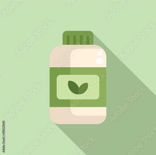 Flat design icon of a supplement bottle with a leaf symbol, on a soothing pastel backdrop