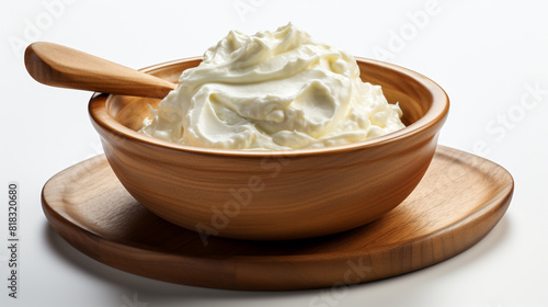 Fresh white yogurt in a wooden bowl with a spoon on white background