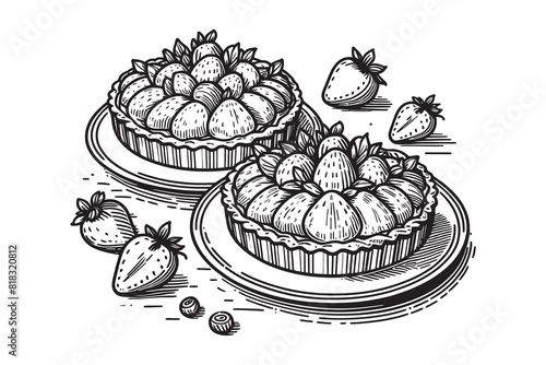 Continuous one line drawing of strawberry pie, cake. vector illustration. photo