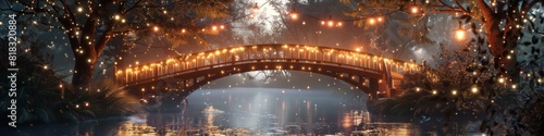 Fairy Lights Adorn Scenic Bridge in Enchanting Forest at Dusk