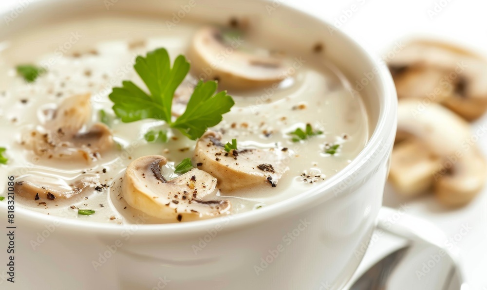 A close-up of creamy mushroom soup with sliced mushrooms and fresh herbs in a white bowl A close-up of creamy mushroom soup with sliced mushrooms and fresh herbs in a white bowl
