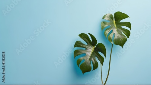 portrait of philodendron leaves on a blank background for summer. Tropical leaves monstera and philodendron on pink color background minimal summer. copy space