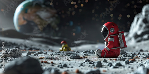 A tiny red spacesuit sits forlornly on an abandoned lunar base. photo