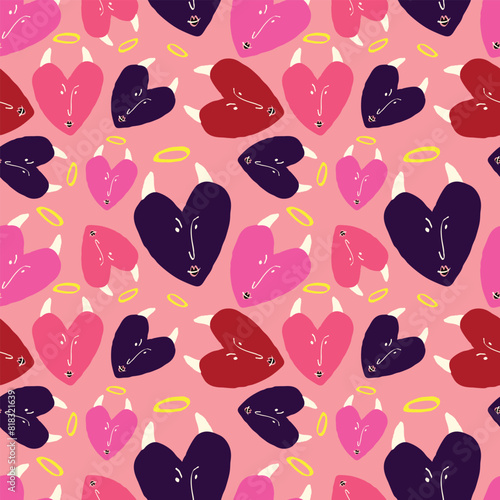  Valentines Day pattern with ugly funky hearts. Groovy cute love characters pattern