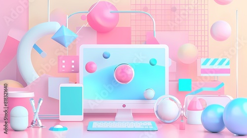 A vibrant and playful 3D desktop setup in pastel colors