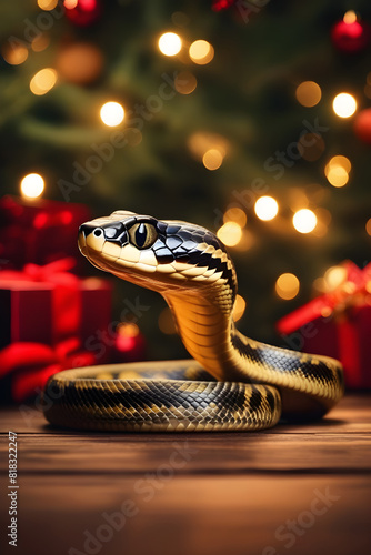 snake character on new year background with bokeh