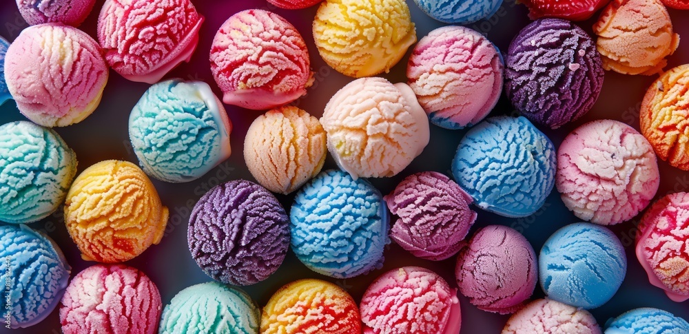 Colorful ice cream balls background, top view of many different colored ice creams with mint leaves, top down view, pattern for design, wallpaper, poster, advertising banner, icecream shop Colorful ice cream balls background, top view of many different colored ice creams with mint leaves, top down view, pattern for design, wallpaper, poster, advertising banner, icecream shop
