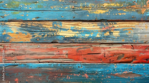 Wallpaper Mural Grungy painted wood texture - Weathered wooden planks painted in vibrant blue and red, perfect for textured backgrounds. Torontodigital.ca