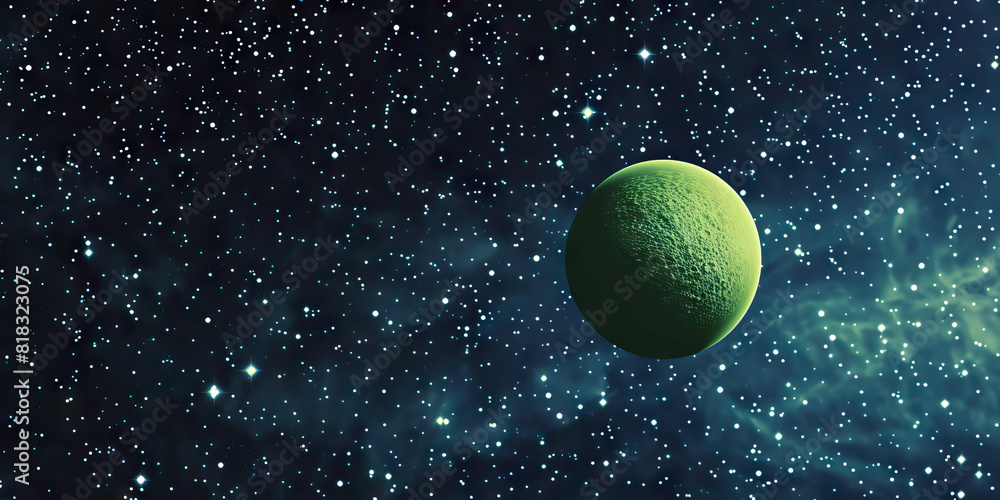 A bright green alien planet gleams amidst a vast expanse of stars