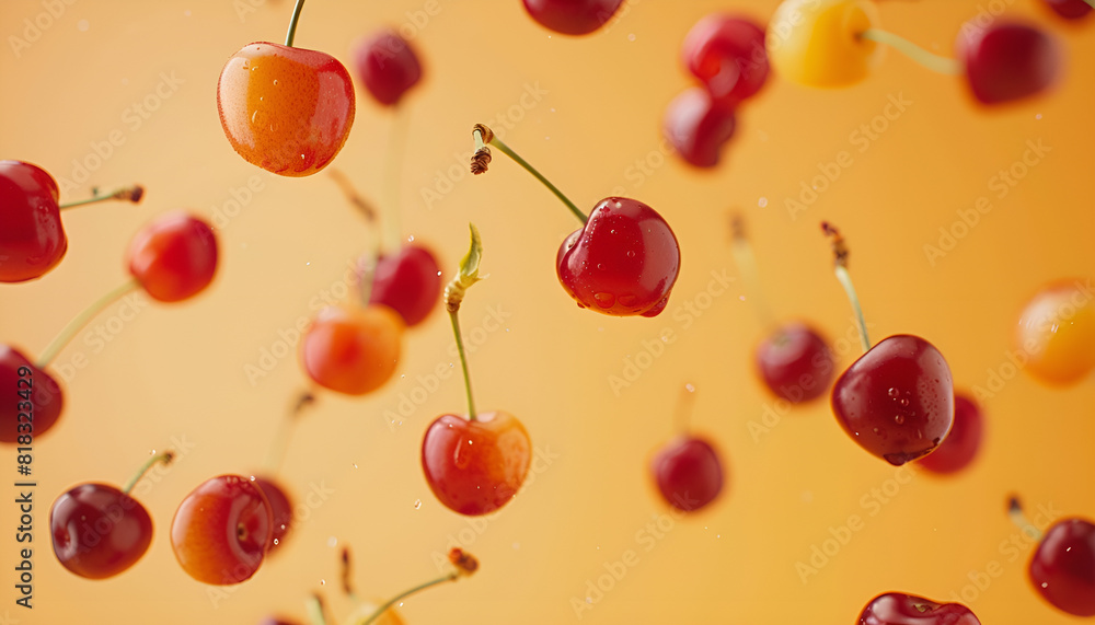 Fresh cherries falling on pale orange background Fresh cherries falling on pale orange background