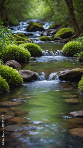 Tranquil Spring Stream  Detailed Close-Up with Lush Greenery
