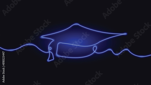 Graduation hat. Neon. Continuous one line drawing. Graduation cap. Line art.  Academical education. Hand drawn. Minimalist. Single line draw. Glowing neon line. University, master degree, MBA.
