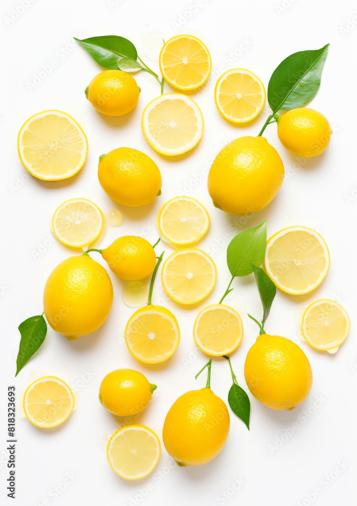 A bunch of lemons and limes are spread out on a white background A bunch of lemons and limes are spread out on a white background