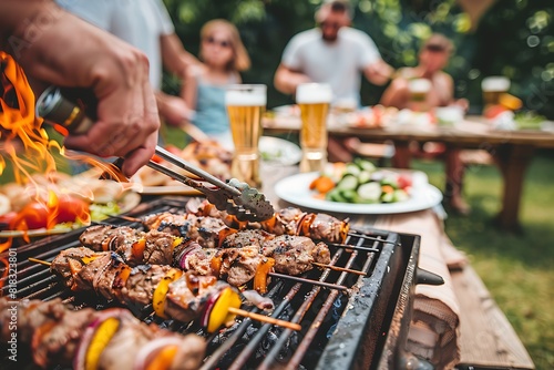 close up person grilling meat and vegetables on backyard with family and friends  barbecue summer weekend time  outdoor party wallpaper  picnic banner