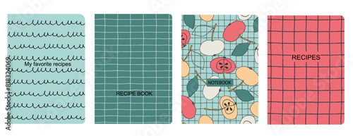 Cover page vector templates for recipe books based on seamless patterns with hand drawn fruits, vegetables, kitchen utensils Healthy fruit, vegan food concept