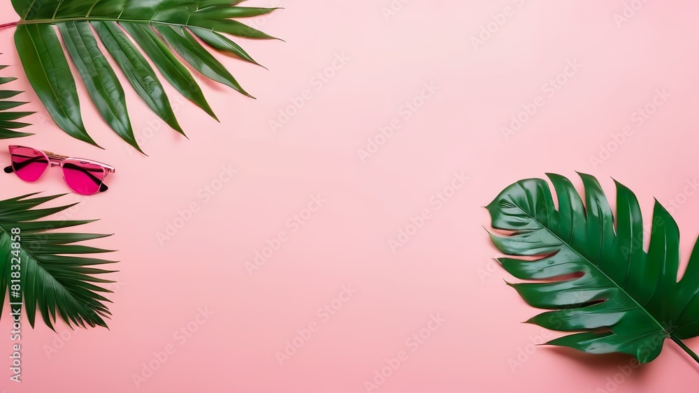 Sunglasses and Tropical Foliage , Summer Fashion and Nature Concept , Pink Background with Copy Space