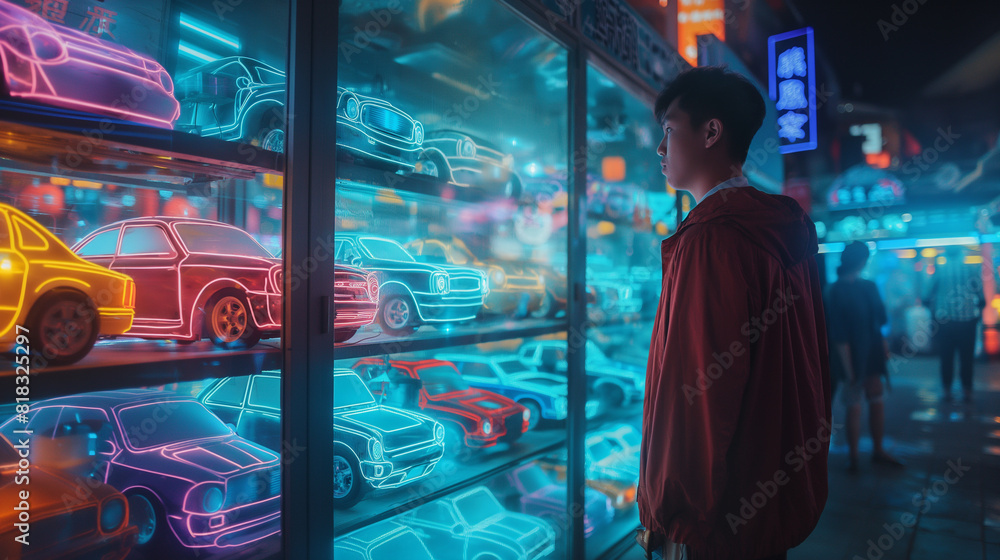 A man plays with his toy neon car. He was looking at his dream car. A man plays with his toy neon car. He was looking at his dream car.